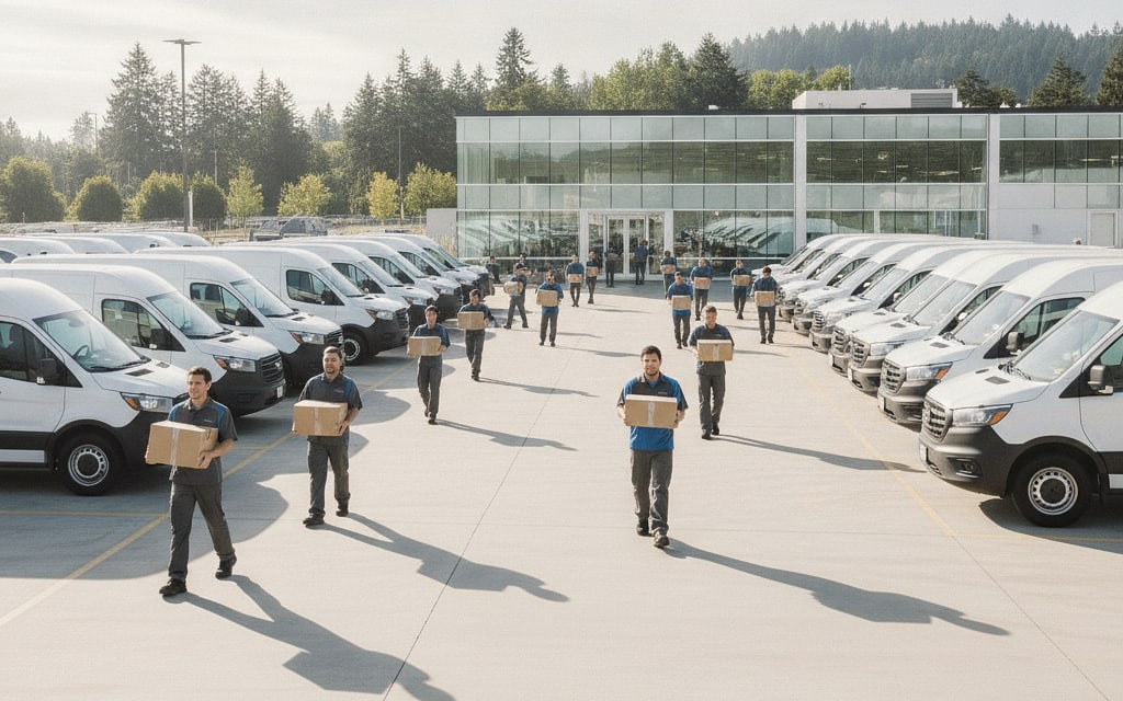 Drivers carrying parcels to their vans in a dispatch yard in the morning