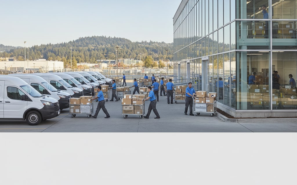 Row of delivery vans outside a depot in the morning as staff wheel parcel carts