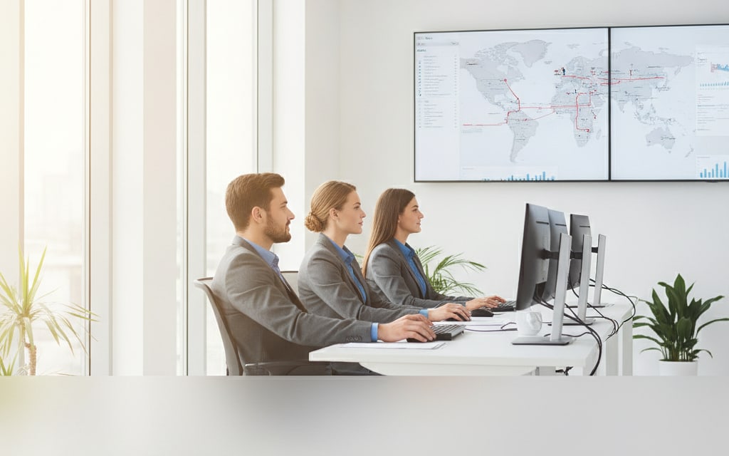 Bright operations office with route maps and shipment tracking on wall screens