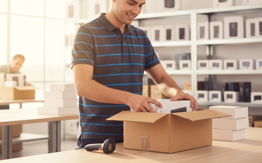 Warehouse worker with a barcode scanner packing an order into a cardboard box at a packing station