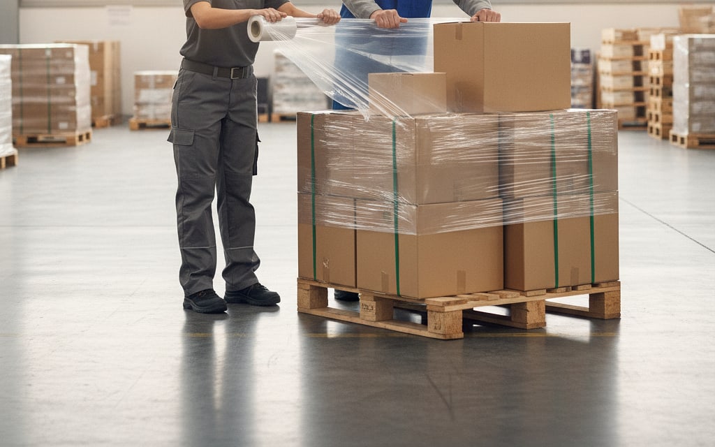 Two depot workers wrapping a stacked pallet in stretch film
